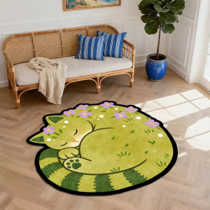 VIKAMA Cartoon Cat Shaped Area Rug Floral Green Kitten Non Slip Mat Living Room Bedroom Decor Floor Rug