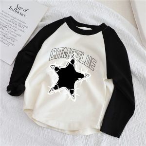 เสื้อยืดผ้าฝ้ายแท้100% สำหรับเด็กผู้ชายเสื้อตัวในแขนยาวใส่ด้านนอกแนวเกาหลีหล่อเท่สำหรับฤดูใบไม้ผลิและฤดูใบไม้ร่วงเสื้อคอกลมสำหรับเด็ก