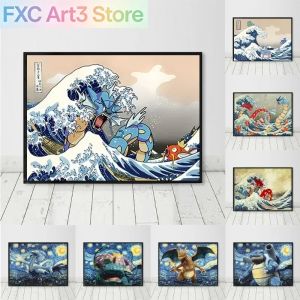 FramelessPikachu Poster Ukiyo-e Kobe River Surfing Starry Night Elves Pokémon Anime Canvas Painting Modern Room Decoration
