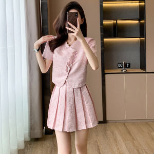Elegant Fashion Set Womens Short Sleeve Pleated Skirt And Top Two-Piece Set Pink Chinese Style Summer High End Clothing