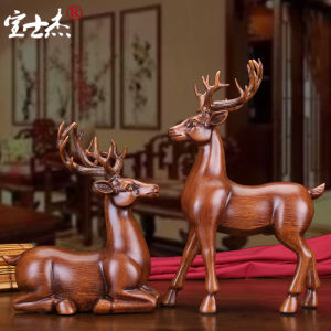 Chinese Style Deer Antler Wooden Carving Living Room TV Cabinet Decorative Accessories Moving Gift Pair of Resin Animal Figurines