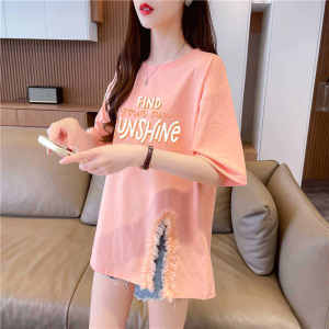 2024 Summer Clothing New Arrival Plus Size Asymmetrical Split Short-Sleeved T-shirt Female Loose Western Style Plus Size Ladies Lace Stitching Coat