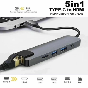 FC&EC 5 in 1 USB C Hub Type C To 4K HD Adapter with RJ45 Network 100M Ethernet Lan Charger Port Adapter For Macbook Pro