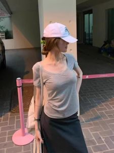 YUEZHONGWEI | Gray U-neck Short Sleeve T-shirt Women Summer Design Sensation Small Size Slimming Hot Girl Short Pure Color Top Korean Style Commute