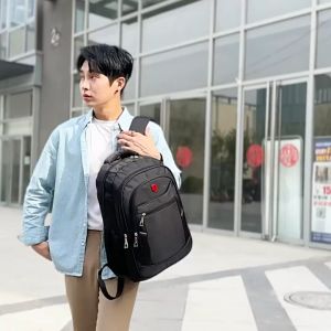 กระเป๋าเดินนักเรียน กระเป๋าเดินทาง เป้สะพายหลัง จุได้เยอะ สายปรับความยาวได้ กันน้ำ, แถบเรืองแสงป้องกันอุบัติเหตุ 15.6 นิ้ว, สีดำ