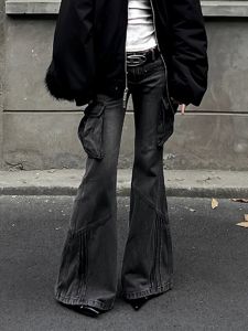 Retro American Style Denim Work Pants Womens Low Waist Bell Bottom Long Trousers Multi Pocket Design Washed out Look