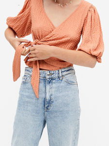 Autumn Fashion Womens V-neck Five-quarter Sleeve Knot Casual Comfortable Top Korean Design Versatile Polyester Blend Shirt