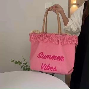 กระเป๋าผ้าสะพายไหล่ รุ่น Vi909 Tote Bag ผ้าใบทอ ปักลายSummer Viber หูจับหนังสาน (2สี ครีม/ชมพู)