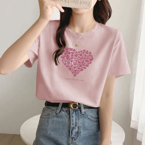 New 2025 Womens Fashionable Short Sleeve Cotton T-Shirt Pink Base Shirt Korean Style Loose Fit Summer Top Pure Cotton Base