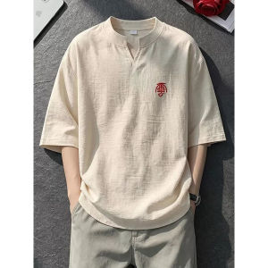LIUBU | New Chinese Style Embroidered V-Neck Flax-Like Summer Thin T-Shirt Retro Style Icy Silk 5/8 Sleeve