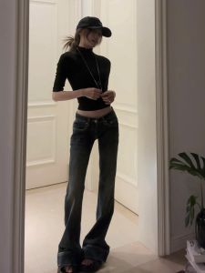 Quần Jeans Ống Loe Cạp Rộng Dài Cho Nữ Mùa Xuân Thu Quần Dài Dài Đến Sàn Co Giãn Cạp Thấp Phong Cách Retro Cổ Điển