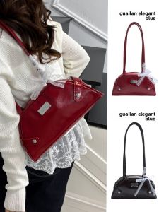 Chic Simple Blue Shoulder Bag for Women Trendy Handheld Bowling Ball Bag Underarm Bag French Style Square Shape PU Leather