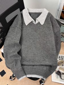 เสื้อสเวตเตอร์คอวีแขนยาวผู้ชาย ฤดูใบไม้ร่วง/ฤดูหนาว สไตล์ลำลอง เสื้อชั้นในแบบสวมหัว ปกเสื้อเชิ้ต ความรู้สึกหรูหรา