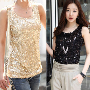 Shiny Sequin Slimming Tank Top Stage Performance Clothes Womens plus Size Club KTV Party Outfits Commute Style Cotton Polyester