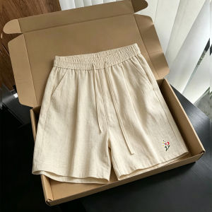 OUMULONG | Embroidered Linen-Like Short Pants Light Breathable Summer 5th Pants