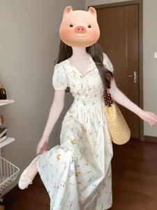 French Vintage V-neck Floral Dress Women Summer plus Size Slimming Waist Bubble Sleeve Long Dress Elegant Atmosphere A-line Skirt