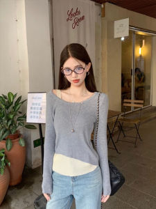 Pink Long Sleeve Knitted Top Womens Short Style Inner Wear Fashionable Casual Slim Fit round Neck Pullover Autumn New Design