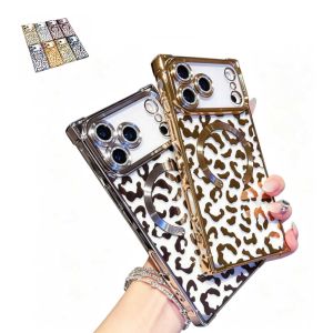 Magnetic Case Compatible For iPhone 18 Pro Max 17 air 16 puls 15 14 13 Case Full Camera Protection & Reinforced Corners Electroplate Leopard Clear Slim Shockproof TPU Phone Cover for Women Girls Gold