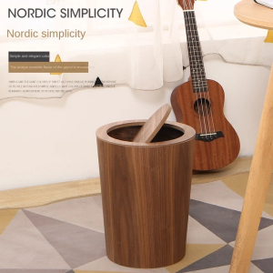 Nordic Wood Grain shaking lid Trash Can Household New Style Large Size Living Room Kitchen Bathroom Simple Commercial Tea Room Trash Can