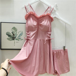 Korean Style Sweet Strap Pure Color Two-Piece Swimsuit Womens Small Chest Gather Slimming Belly Covering Bikini Bottoms Separate Swimming Suits