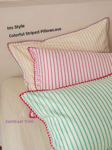 Pure Cotton Pillowcase Set of Two 48cmx74cm Striped Edge a Class Full Cotton Pillow Covers Fresh And Elegant Single Person Use