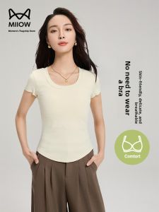 Miiow | Cat Woman Shoulder Length Short Sleeve T-Shirt Womens New 2025 Chest Pad Bralette Slim Fit Base Shirt Summer Outerwear