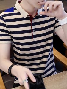 ROMON | เสื้อยืดคอโปโลแขนสั้นผ้าฝ้ายแท้ Ro Mont สไตล์ฤดูร้อนสำหรับผู้ชาย คอโปโลลายทาง ผ้าไหมน้ำแข็ง แฟชั่นธุรกิจลำลอง