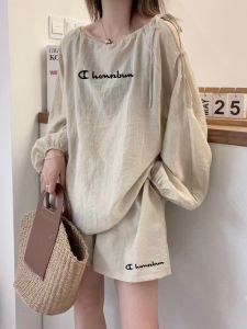 Cute Champion Womens Summer Sun Protection Set Fashionable Chiffon Top Shorts Two-Piece Set round Neck Long Sleeve Casual Sportswear