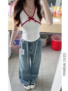 กางเกงยีนส์ทรงหลวมสไตล์อเมริกันย้อนยุคสำหรับผู้หญิง กางเกงขายาวทรงตรงเอวสูง ทรงหลวม กางเกงขายาวทรงหลวมฤดูร้อน