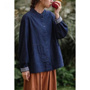Original Japanese Style หลวม Fit Blue เดนิม เสื้อ ผู้หญิง ฤดูใบไม้ผลิ Pure ผ้าฝ้าย เสื้อเชิ้ต ปกตั้ง พรางหุ่น ลำลอง แฟชั่น