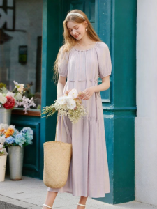 XIANGYING | Pastel Purple U-neck Tied Waist Midi Dress
