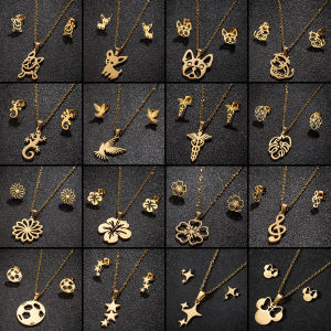Wholesale Stainless Steel Jewelry Set For Girls Animal Plant Flower Pendant Clavicle Chain Choker Gold Color Earring New Trend