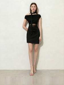 D-PLAY | Versatile Black One-shoulder Mesh & Satin Waist-accentuating Fitted Dress