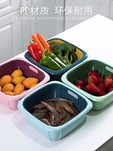 2 IN 1 Double Layer Tupperware Drain Container Washing Drain Basket Container Kitchen Storage Wash Basket Set收纳篮方形冰箱保鲜盒