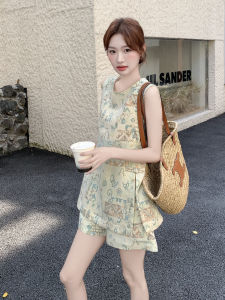 YINLUOYA | New Chinese Style Womens Summer Outfit Complete Set National Trend Two-Piece Suit Round Neck Polyester Fiber Short Pants