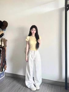 American Style Retro Loose Leggings Womens High Waist Pear Shape Slimming Wide Leg Floor-Length Jeans White Color