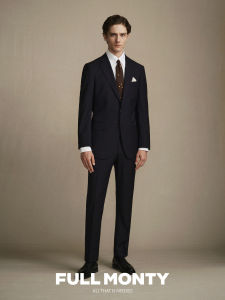 Business Wool Black-Navy Herringbone Pattern Slim Fit Mens Suit