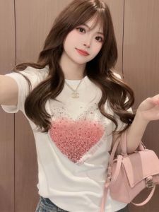 Fashionable Short Sleeve Heart Shaped Rhinestone T Shirt Womens Summer Design Korean Style Casual Pure Color Top