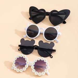 4pcs Fashion Geometric Glasses Cute Heart & Bear Ear Design Black & White Ideal for Parties & Gifts