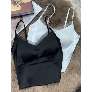 Áo Ba Lỗ Lụa Đen Mùa Hè Cho Nữ Áo Ba Lỗ Ngắn Có Đệm Ngực Satin Acetate Áo Khoác Ngoài Bên Trong Áo Ba Lỗ Hở Lưng