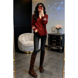 LIRUSHAN | New Chinese Style Red V-Neck Knit Sweater