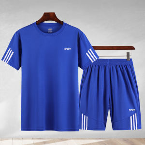 Mens Competitive Power Sports Suit Summer Casual Two-Piece Set Fitness Clothing Morning Running Short Sleeve T-Shirt Loose Round Neck Quick Dry Moisture Absorbent Breathable
