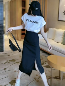 Black High Waist Slit Suit Skirt Womens Summer New Style Two Piece Set Slimming Midi Length Half Body Long Skirt