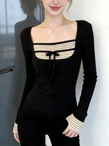QINGNAER | Illusion Two-piece Stripe Bow Fitted Long Sleeve Blouse Large Size