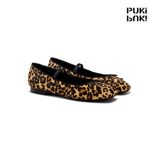 Genuine Leather and Horsehair Leopard Print Ballet Flats with Square Toe Bow Detailing