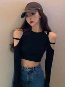 Sweet And Spicy Shoulder Bared Short Sleeve Long T Shirt for Women Jazz Dance Kpop Group Performance Cotton Blend Spring Top
