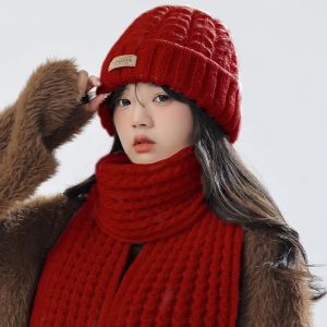 South Korea Red Wool Hat Scarf for Women 2024 New Arrival Autumn and Winter Christmas New Year Gift Scarf Knitted Hat