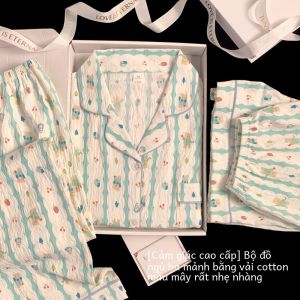 Chó Chấm Bi Mùa Hè Đồ Ngủ Nữ Cloud Cotton Vải Bông Tay Ngắn Quần Dài Ba Mảnh Hoạt Hình Dễ Thương Quần Áo Gia Đình Ngoài Trời