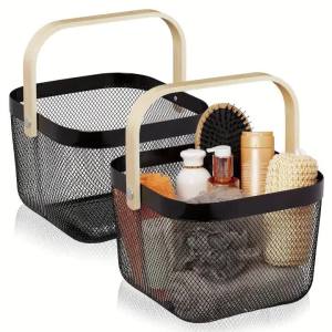 2 Pack Square Metal Mesh Fruit Basket Portable Metal Picnic Baskets with Wood Handle Mesh Storage Organizer Basket