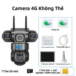 Camera IP 4G Năng Lượng Mặt Trời Với Thẻ SIM 12MP 6K Ba Ống Kính Tầm Nhìn Ban Đêm PTZ Giám Sát Video An Ninh Dùng Trong Nhà/ngoài Trời